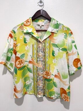 Hester & Orchard Citrus Print Tropical Linen Cotton Blend Button-Up Shirt Medium